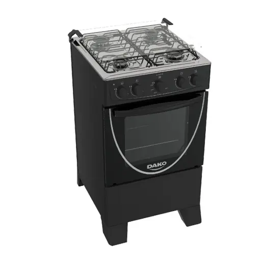 Dako COCINA LUNA 4 Hr. Tv. Ee. NEGRA — 4 Hr. Encendido Eléctrico. Tapa de Vidrio. Mesada de Acero Inox. Doble vidrio en la puerta del horno. 1 Rejilla fija…