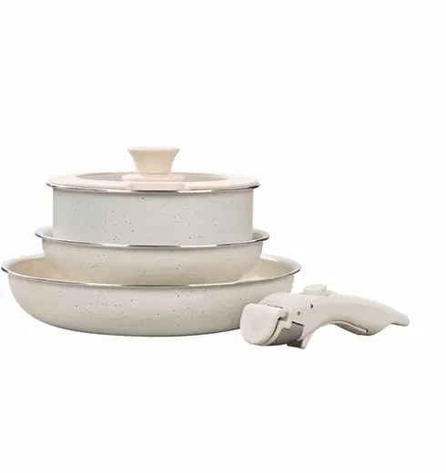 JUEGO DE OLLAS 5 PIEZAS. MANGO DESMONTABLE CERAM.CREMA (REG)